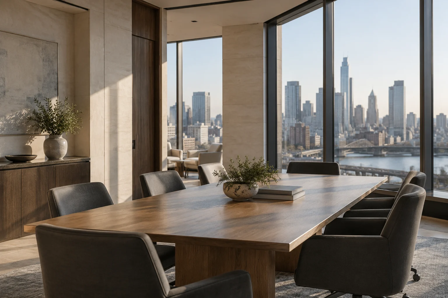 Quiet contemporary meeting room with warm stone, walnut furnishings and city views.